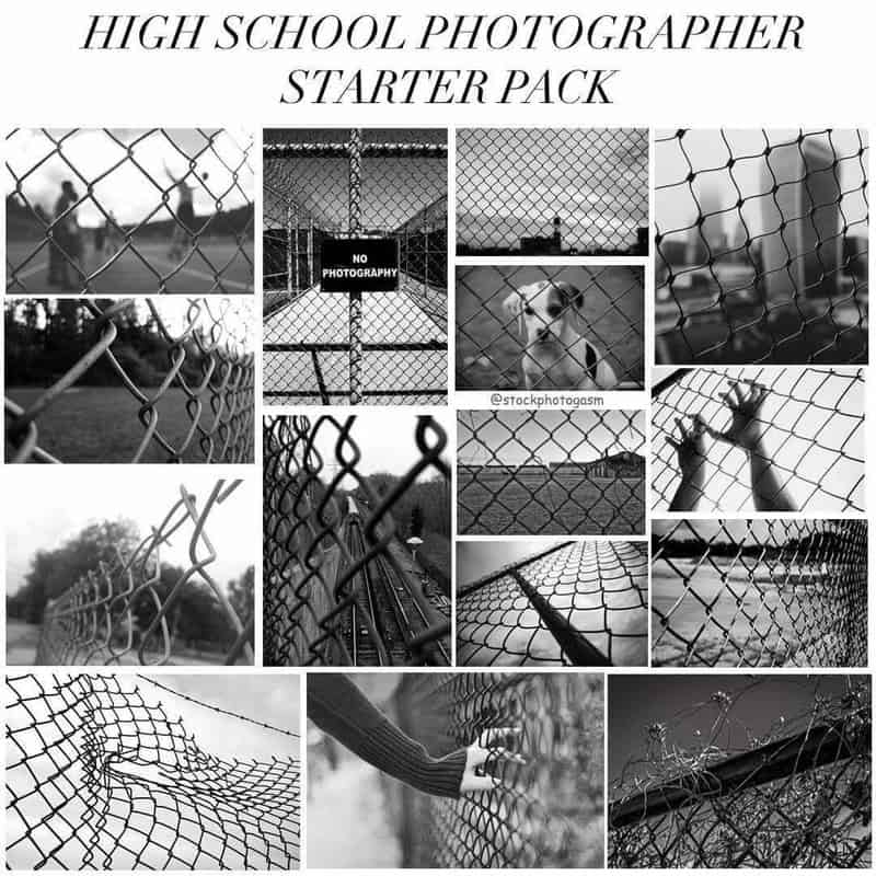 High school photographer starter pack with fences and sports scenes in black and white.