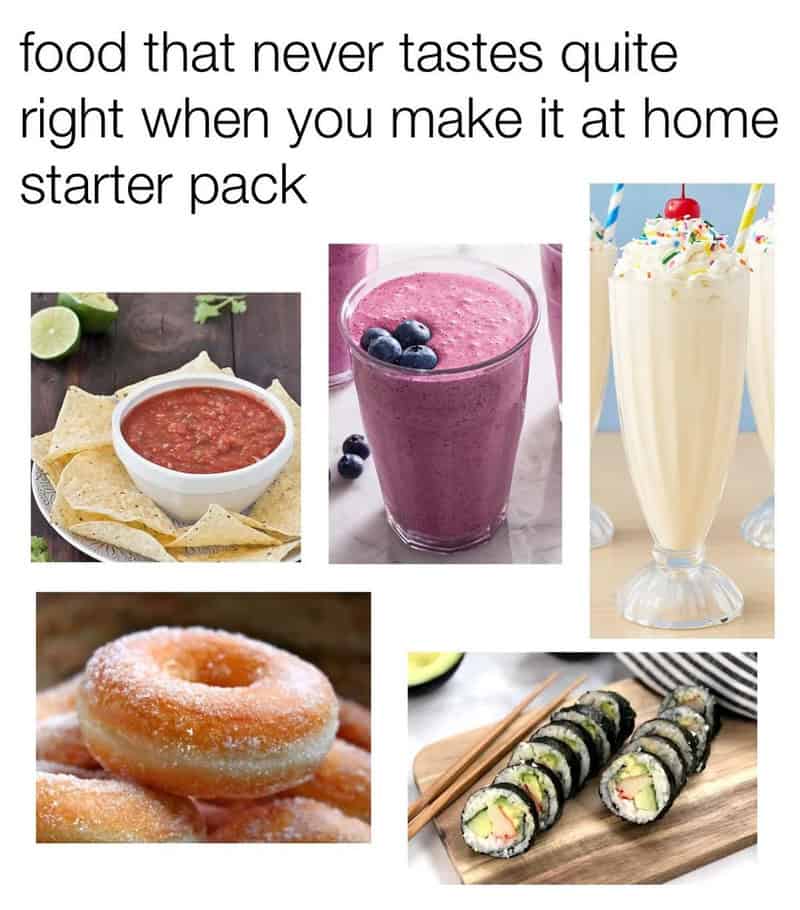 Assorted homemade snacks and drinks including salsa, berry smoothie, milkshake, donuts, and sushi.