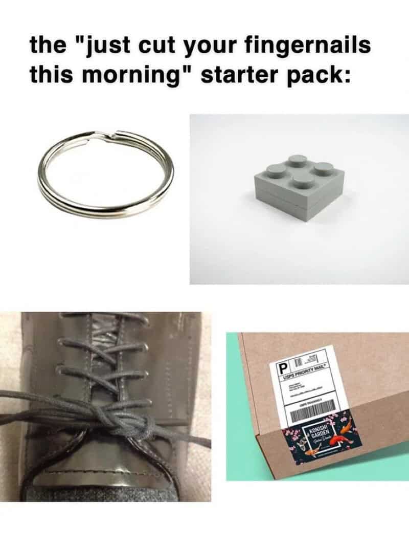 "Just cut your fingernails this morning" starter pack with bracelet, LEGO brick, shoelaces, and pack.
