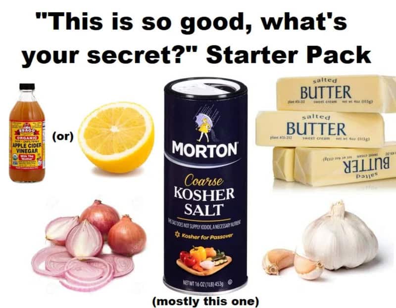 "this is so good, what's your secret?" starter pack with apple cider vinegar, lemon, kosher salt, bu.