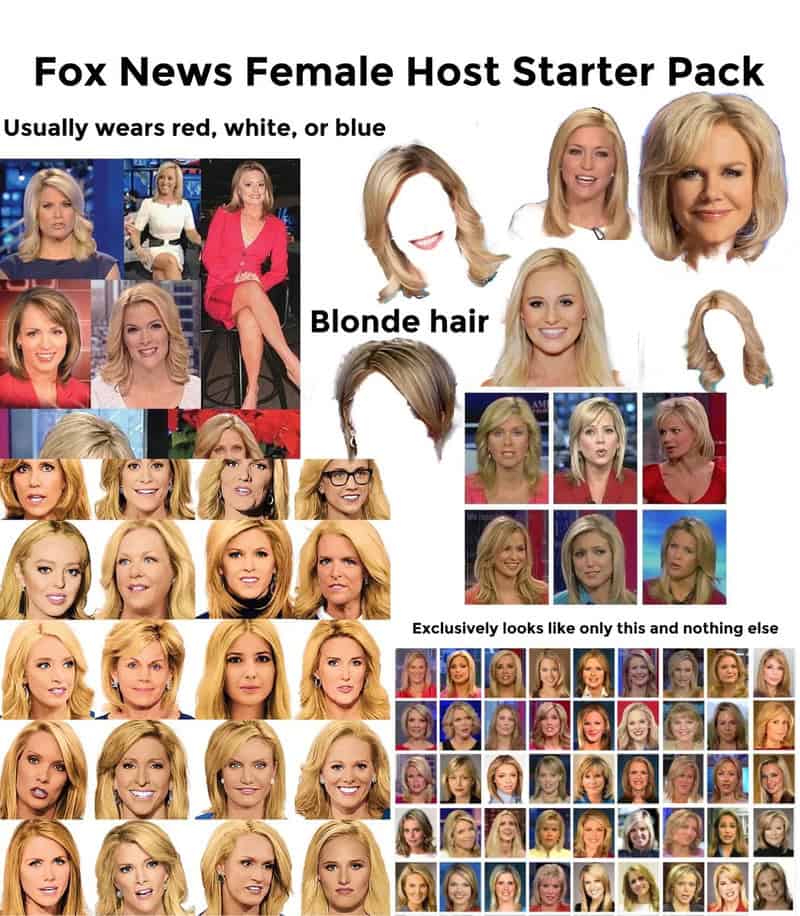 "Fox News Female Host Starter Pack" featuring images of blonde-haired women in various outfits and h.