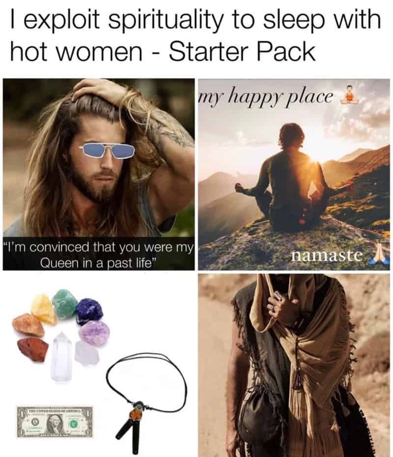 Relaxed man with long hair and sunglasses, quote about past life Queen, person meditating at sunset,.