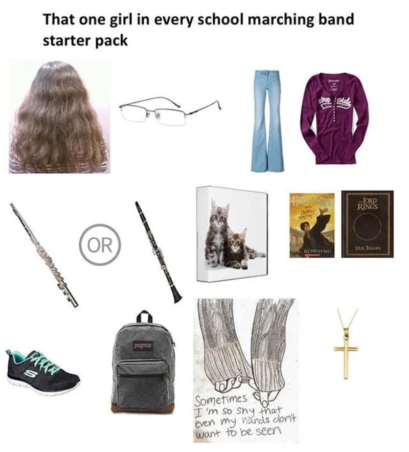 Girl's school marching band starter pack with clothes, books, and accessories.