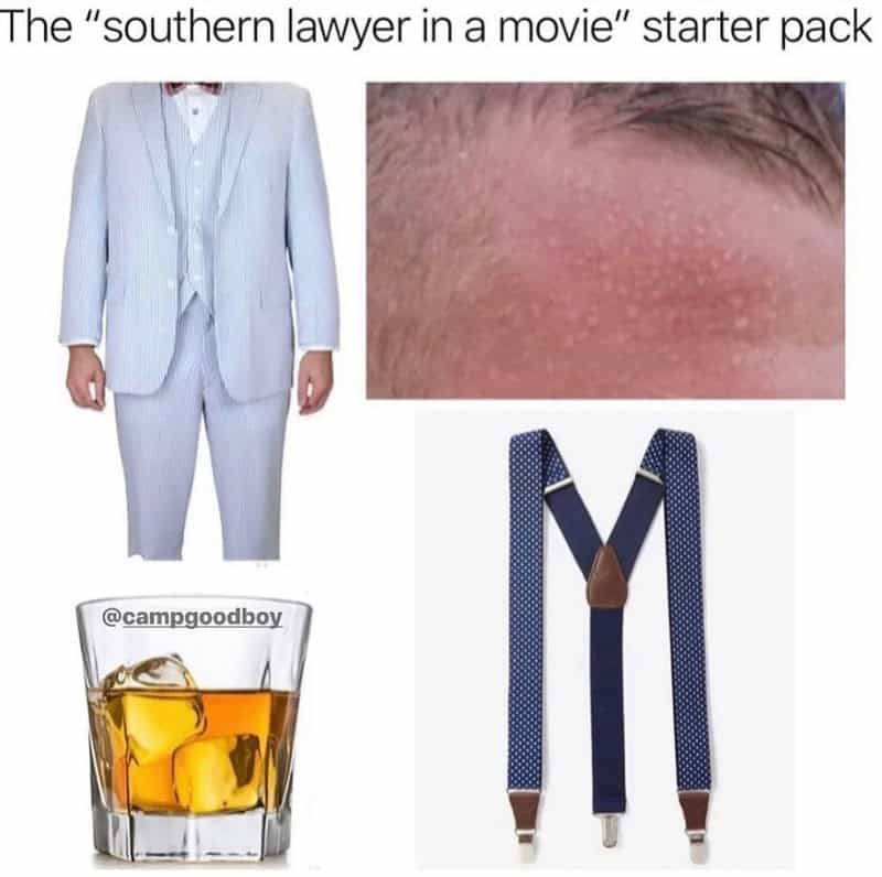 A man in a light blue pinstripe suit, close-up of a sweaty forehead, a glass of whiskey with ice, an.