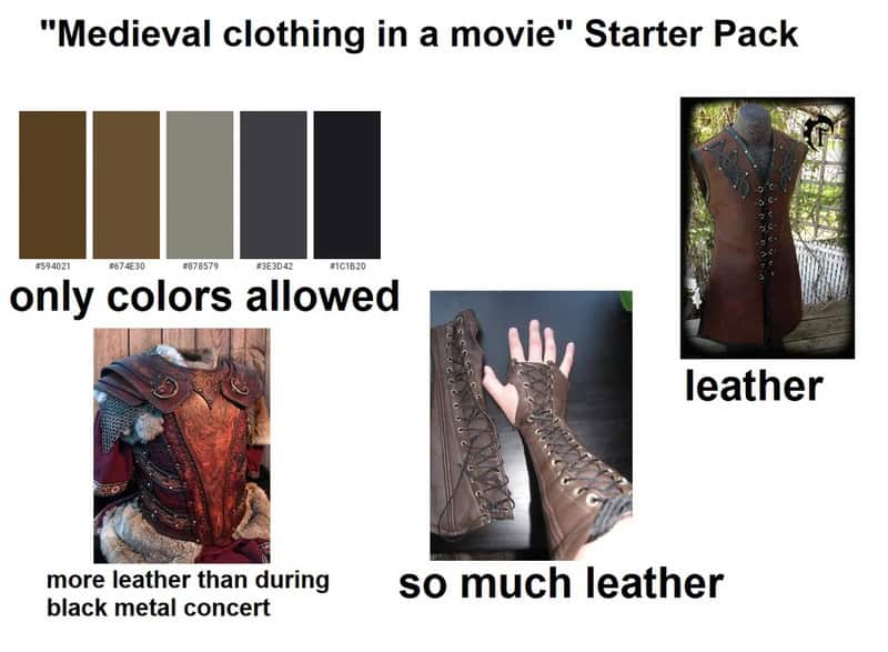 Medieval clothing in a movie starter pack with leather and various shades of brown, gray, and black.