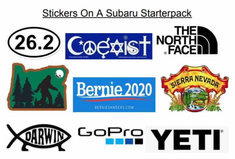 Stickers on a Subaru starter pack featuring various logos and designs.