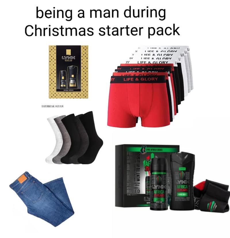 Christmas starter pack for men including underwear, socks, jeans, and grooming products.