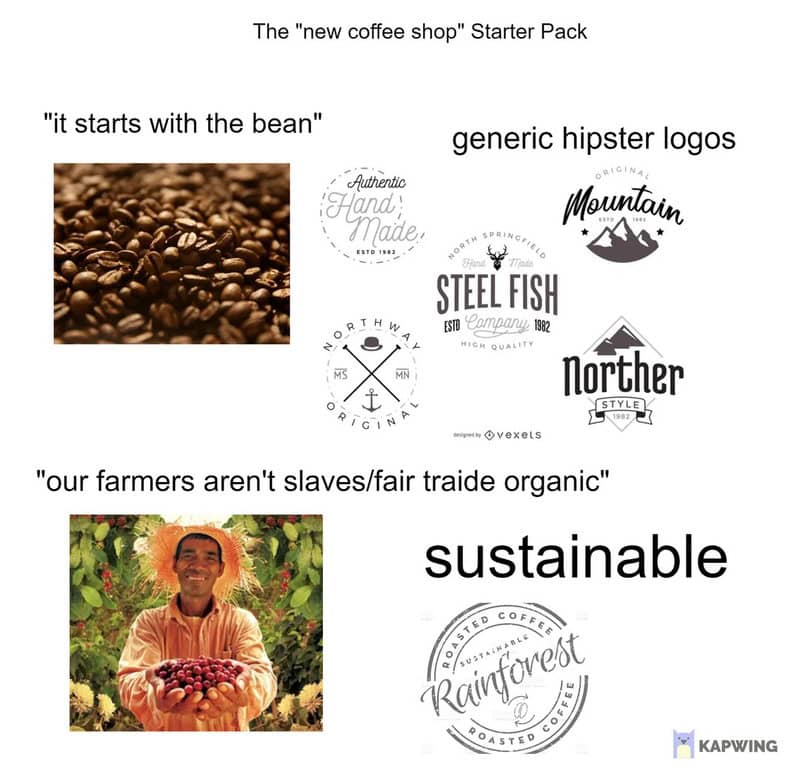 "it starts with the bean" and various coffee logo designs, including Mountain, Steel Fish, and North.