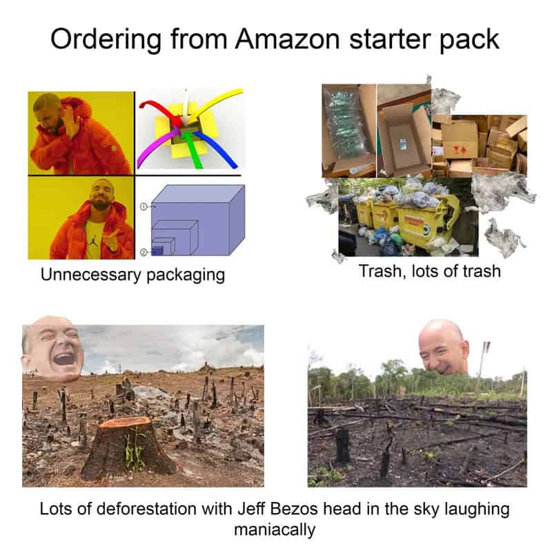 Ordering from Amazon starter pack with packaging and environmental impact images.