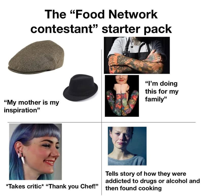 "Food Network contestant" starter pack with images of hats, tattooed person, smiling woman, and a wo.