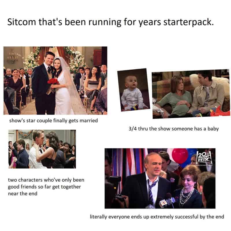 Sitcom celebrating wedding, baby, and success with characters and scenes.