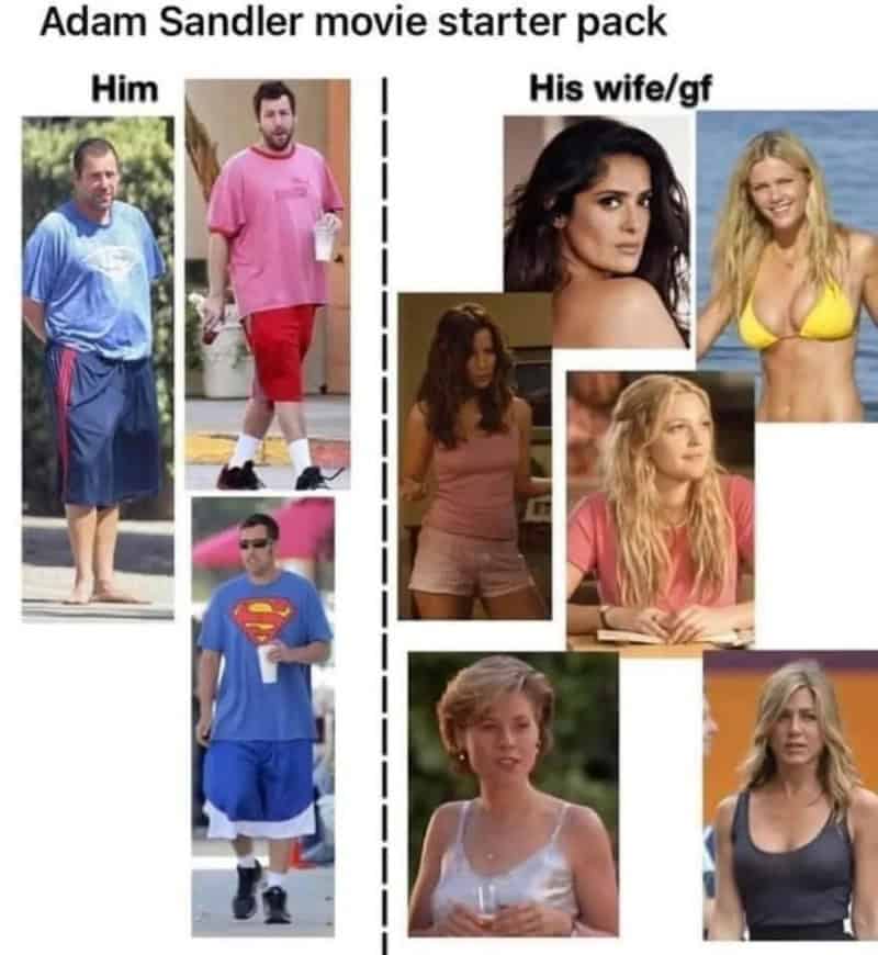 Adam Sandler movie starter pack with images of him and his wife/gf.