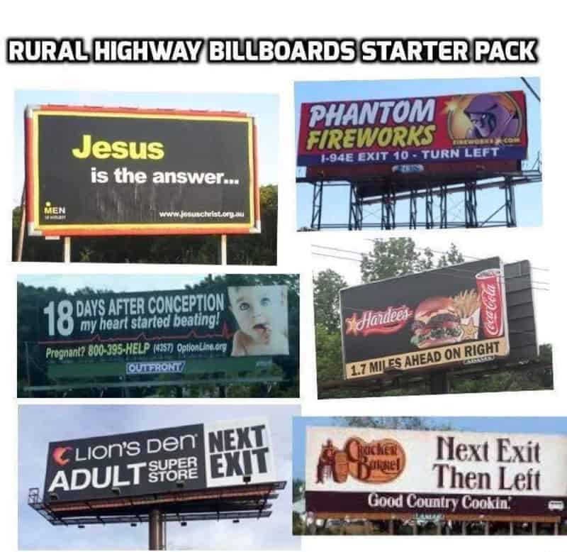 "Rural Highway Billboards Starter Pack" with six different billboard images.