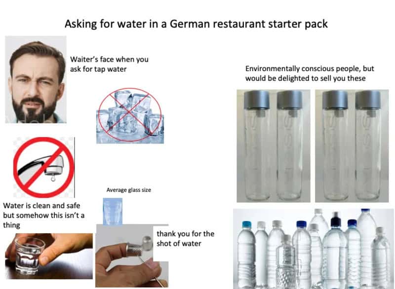 Asking for water in a German restaurant starter pack.