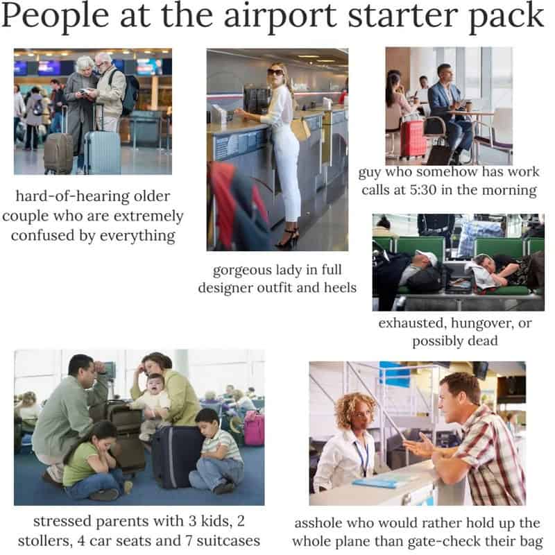 People at the airport starter pack, including confused elderly couple, traveler at check-in, tired p.