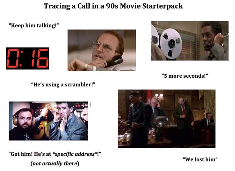 Keep him talking! 90s movie starterpack with scenes of a phone call, a digital timer, and characters.