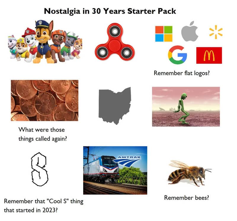 Nostalgia in 30 Years Starter Pack with toys, logos, coins, and more.