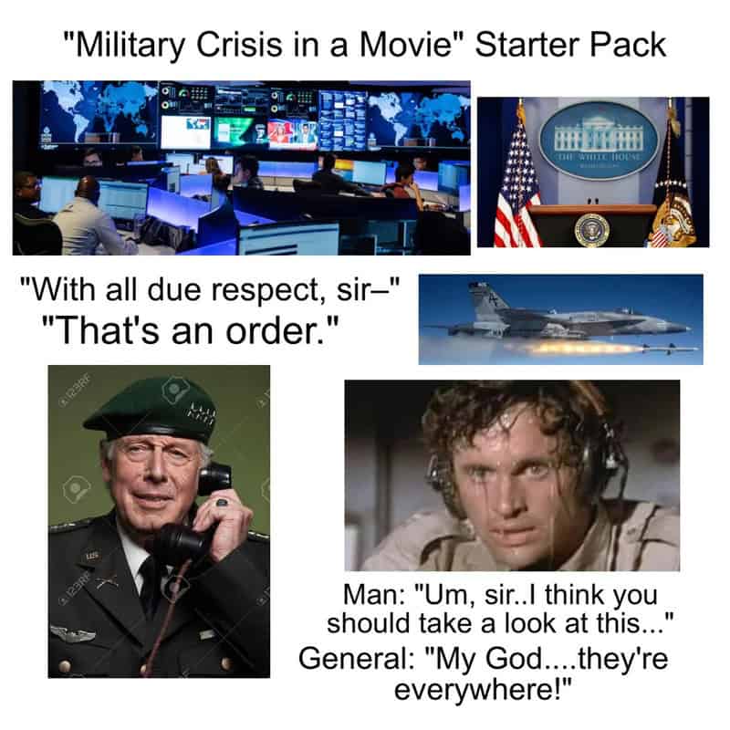 "Military Crisis in a Movie" Starter Pack, US military command room, White House press briefing, fig.