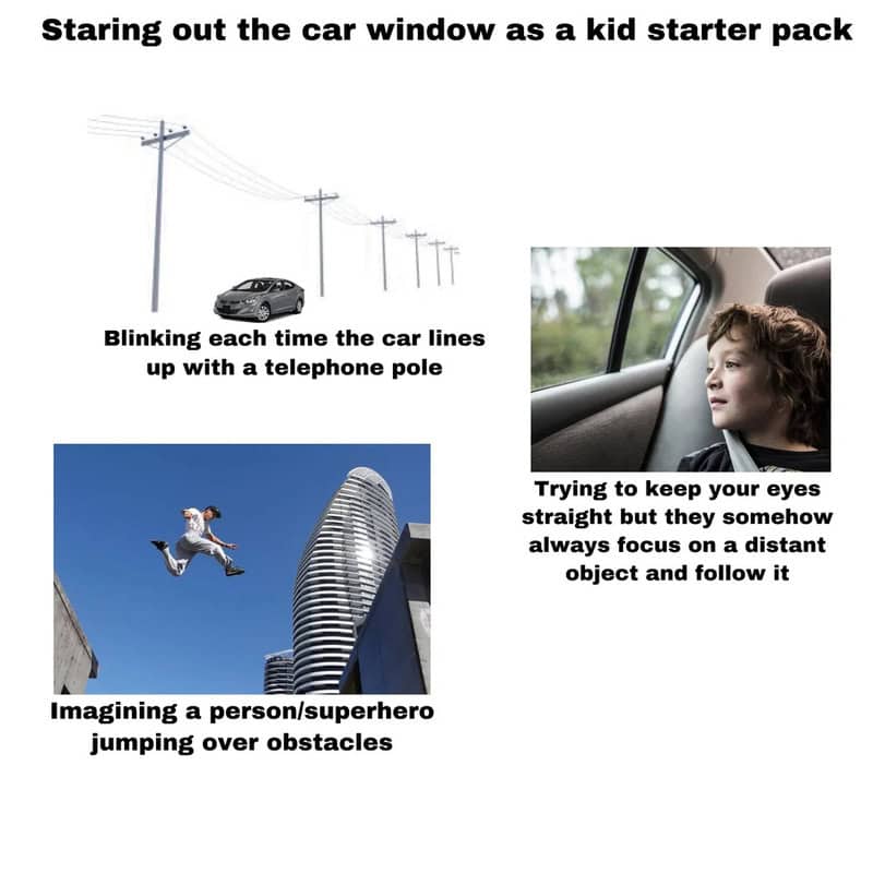 Blinking car lines up with telephone poles, child looking out car window, superhero jumping over obs.