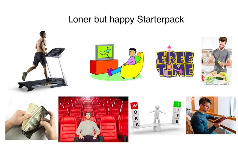 Loner but happy Starterpack with treadmill, relaxing, free time, money, theater, working, and readin.