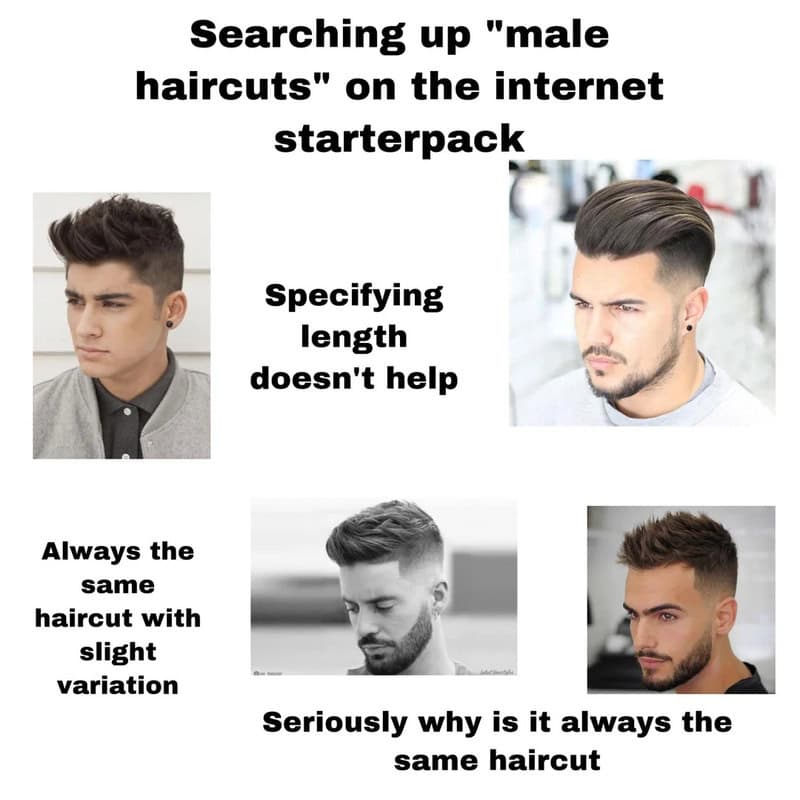 Searching up "male haircuts" on the internet starterpack.