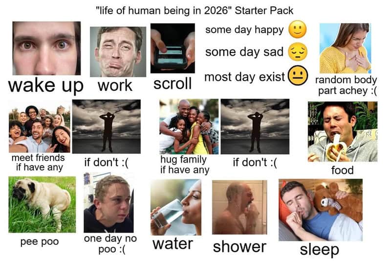 "Life of human being in 2026" Starter Pack with various images and captions about daily emotions and.