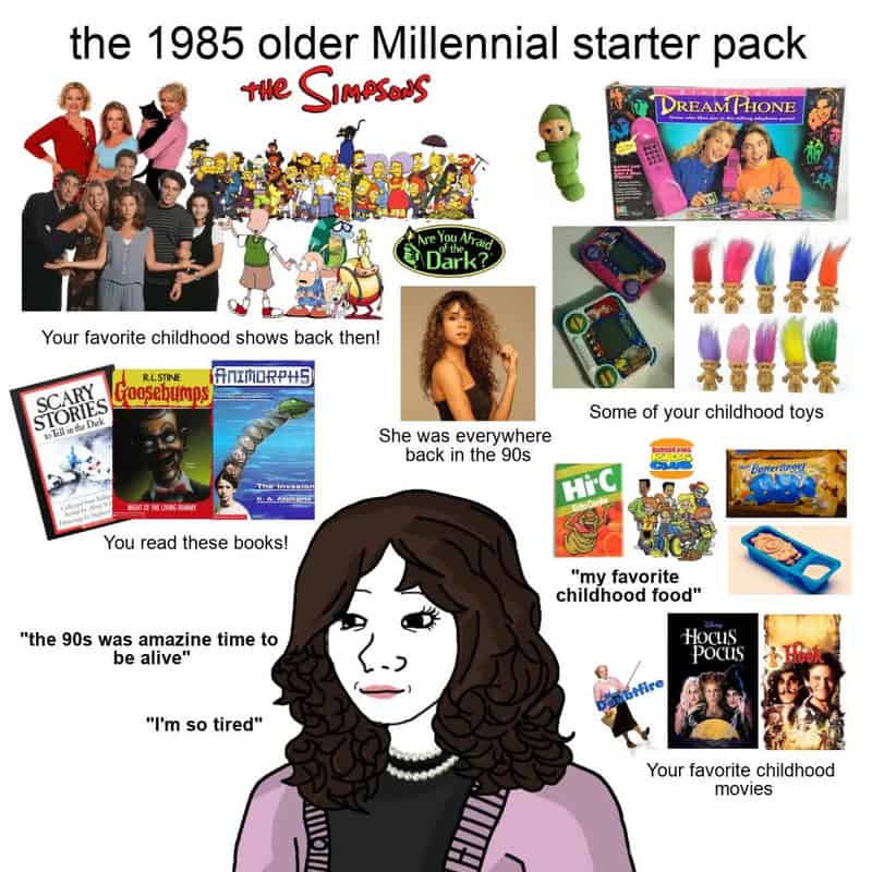 The 1985 Millennial starter pack with childhood shows, toys, books, and movies.
