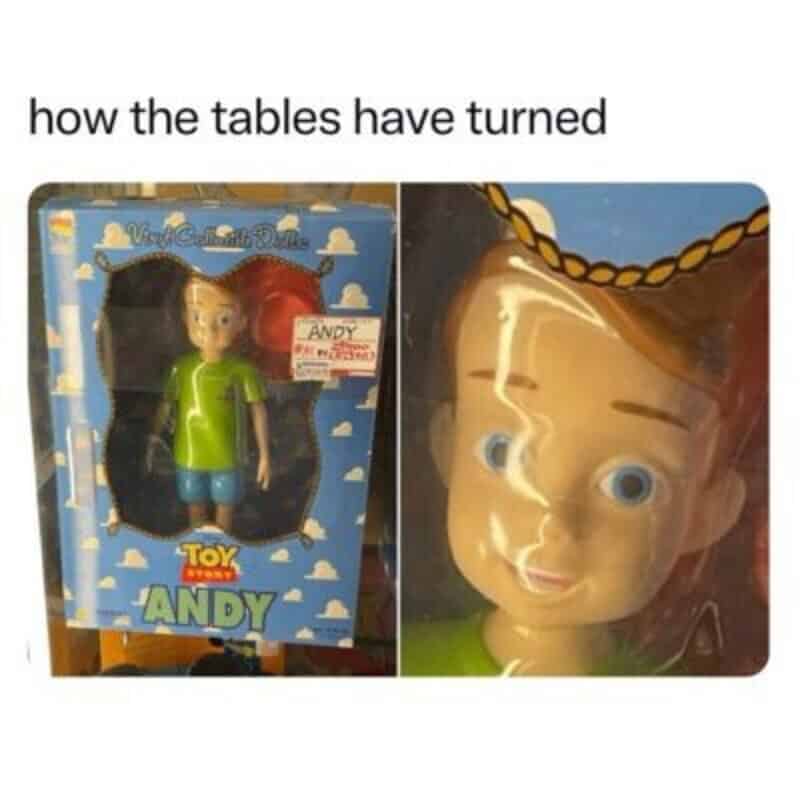 Toy Story Andy doll and a close-up of its face with a distorted reflection.