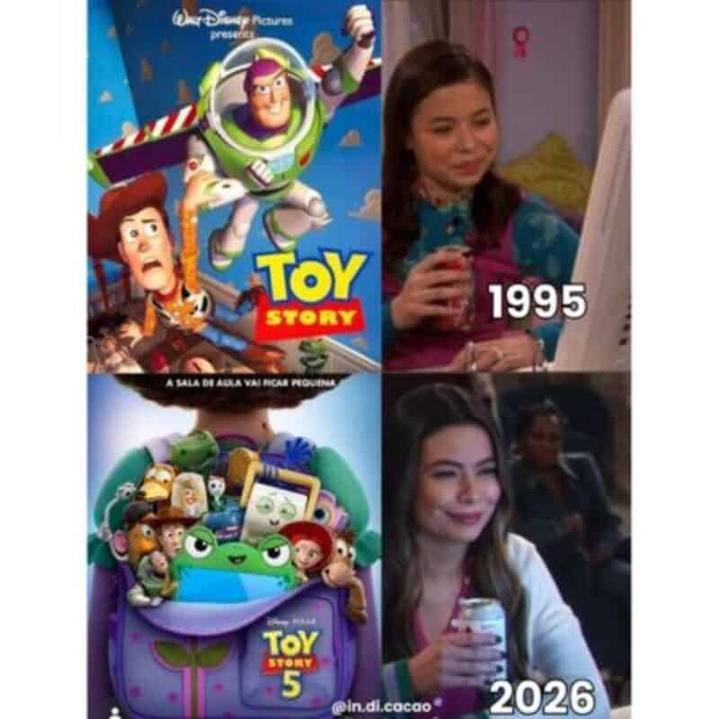 Comparison of Toy Story movie posters from 1995 and 2026 with characters and scenes.