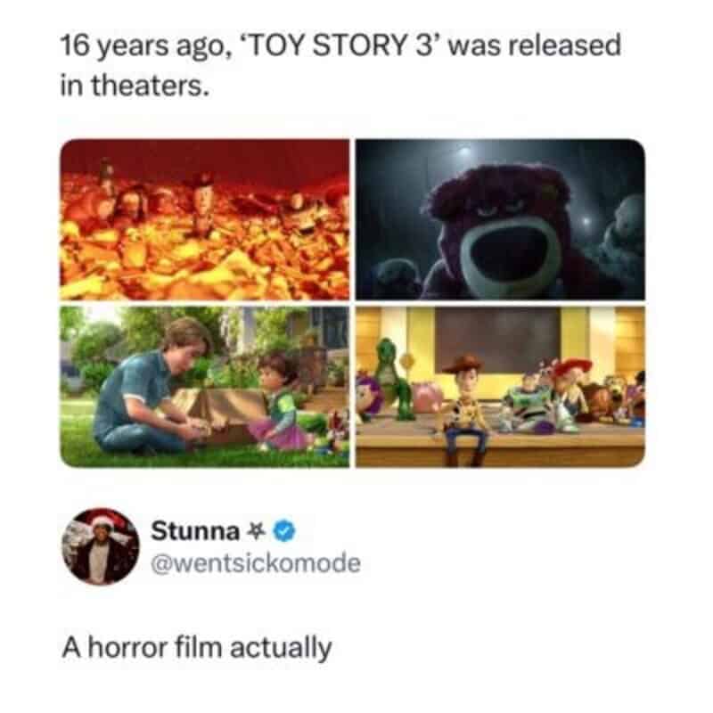 Four images from Toy Story, including a fiery scene, a plush bear, a child and adult reading, and a.