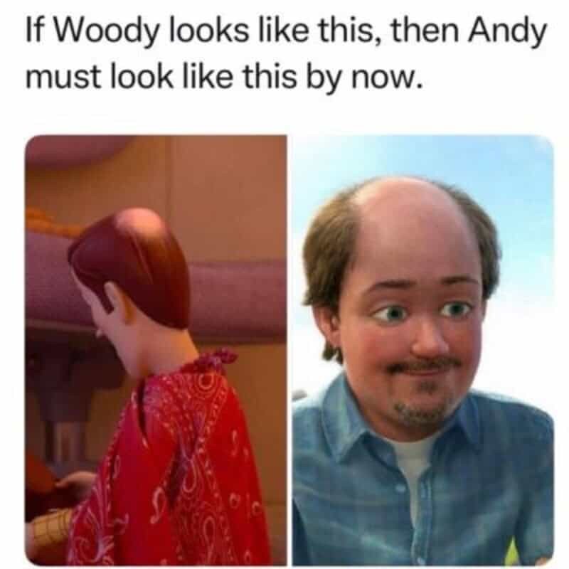 Comparison of Woody and Andy's hair, Woody's hair is neat, Andy's is balding.