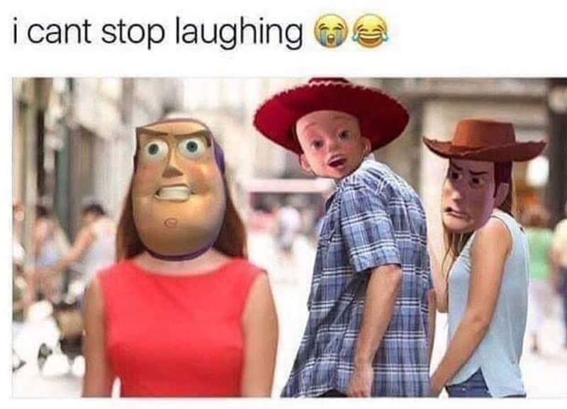Funny scene with characters from Toy Story, including Buzz Lightyear, Woody, and Jessie.