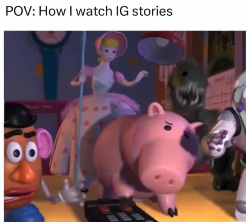 Toy story meme with characters watching TV, including a pig, a doll, and a robot.