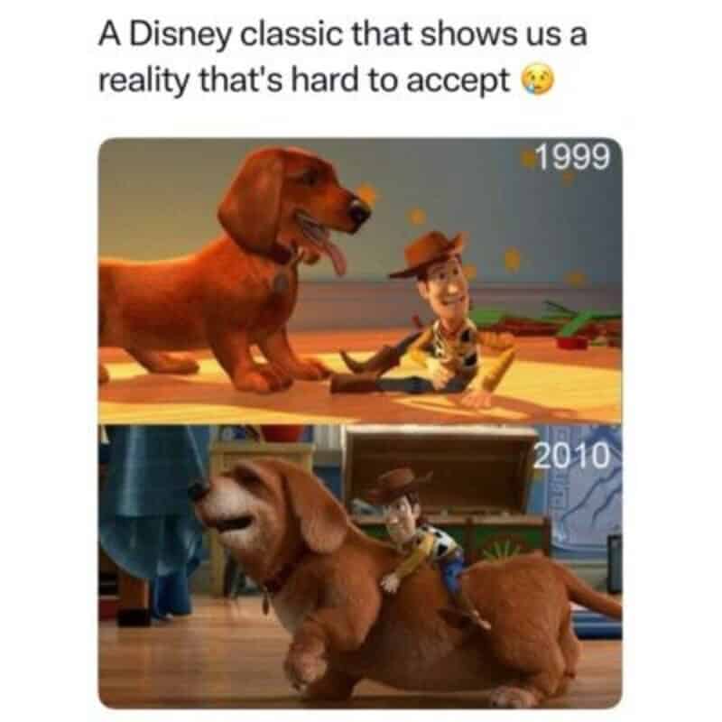 Comparison of Toy Story characters from 1999 and 2010 showing changes in dog design.