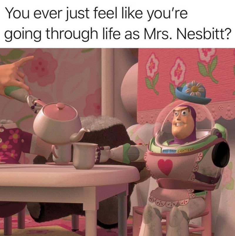 Toy Story meme with Mrs. Nesbitt and Buzz Lightyear, caption about feeling like Mrs. Nesbitt.