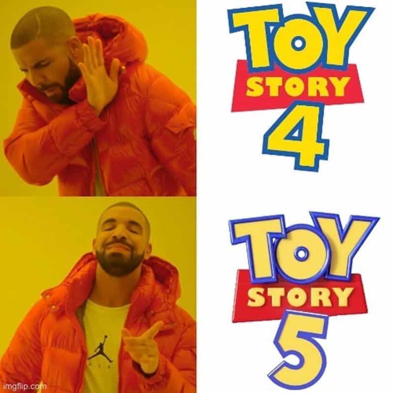 Comparison of 'Toy Story 4' and 'Toy Story 5' logos with man showing disapproval and approval.