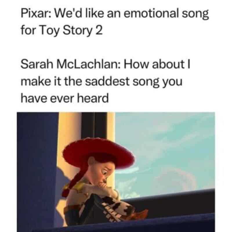 Toy Story meme with dialogue about making a sad song for Toy Story 2.