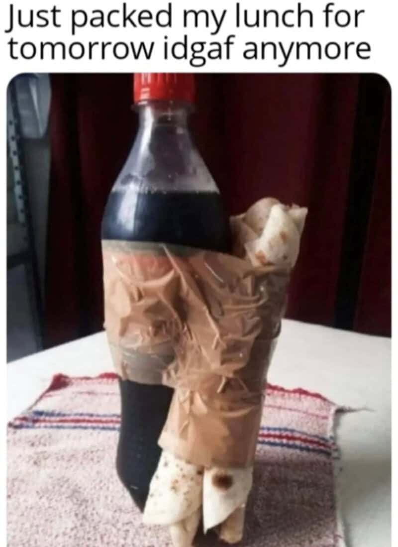 Lunch packed in a bottle with a paper bag and a wrap, labeled as 'just packed my lunch for tomorrow'.