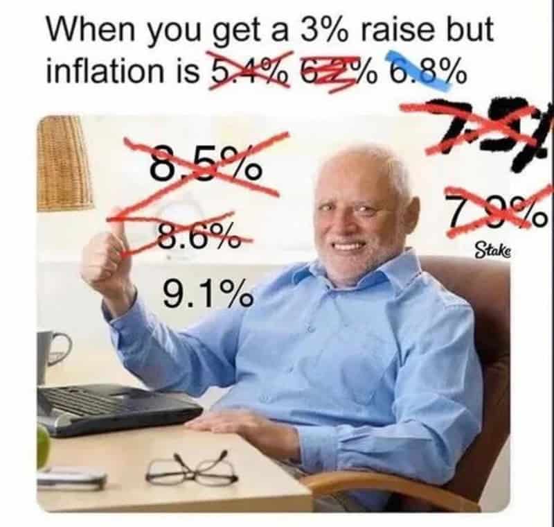 Man smiling with crossed-out inflation and interest rate percentages around him.