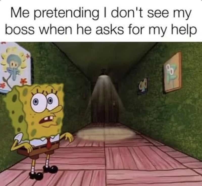SpongeBob looking surprised in a hallway with a shadowy figure in the distance.