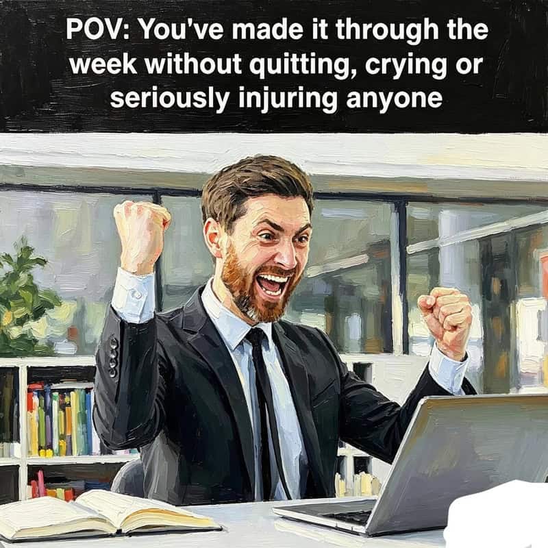 Man celebrating at work with a laptop and books, caption about not quitting or crying.