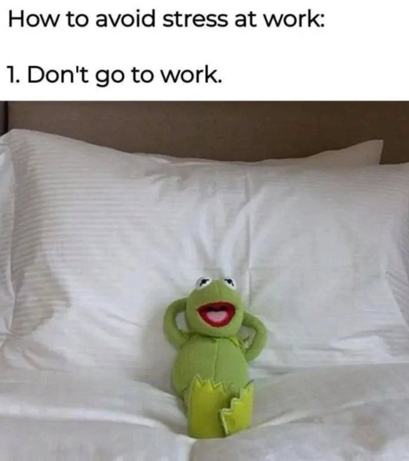 Avoid stress at work: Don't go to work with a plush Kermit the Frog toy sitting on a bed.