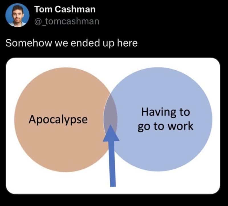 A woman’s Twitter post with a Venn diagram showing "Apocalypse" and "Having to go to work" overlappi.