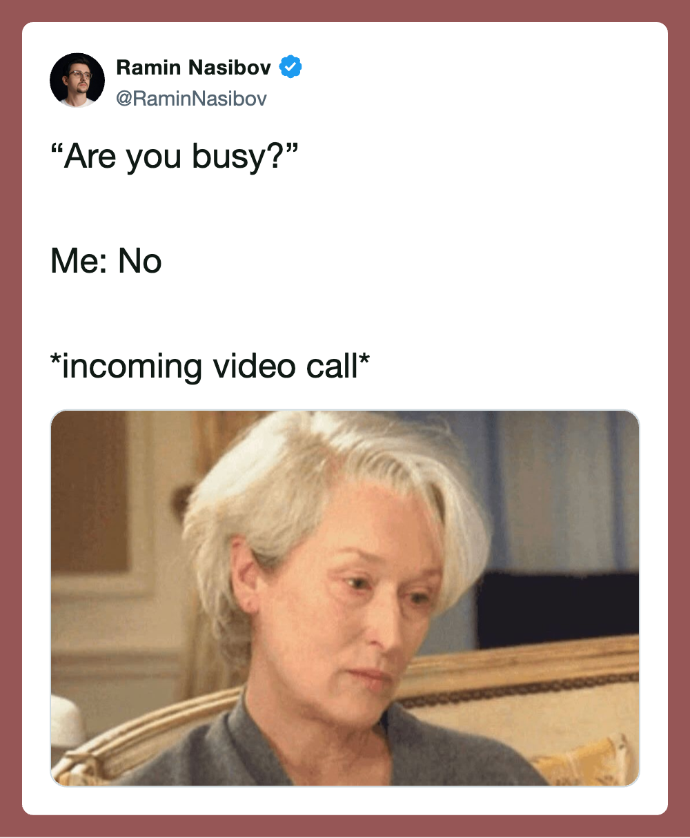 "Are you busy?" Me: No *incoming video call* image of an older woman with gray hair looking at her p.