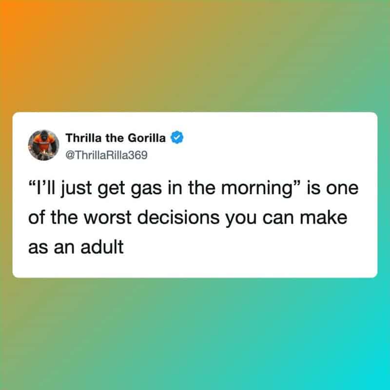 Thrilla the Gorilla's tweet about getting gas in the morning.