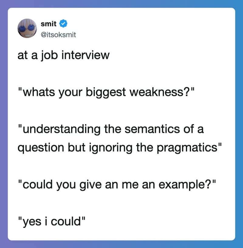 Twitter post about a job interview with questions and answers.