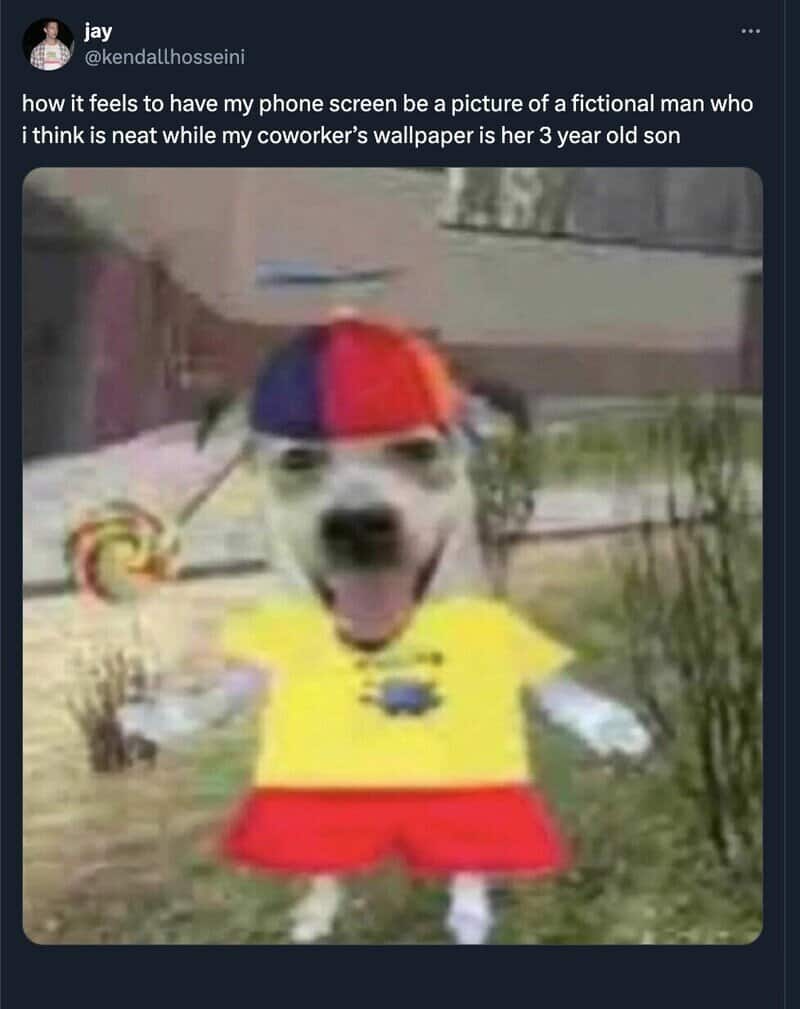Dog dressed as a fictional character with a red and blue hat and yellow shirt.