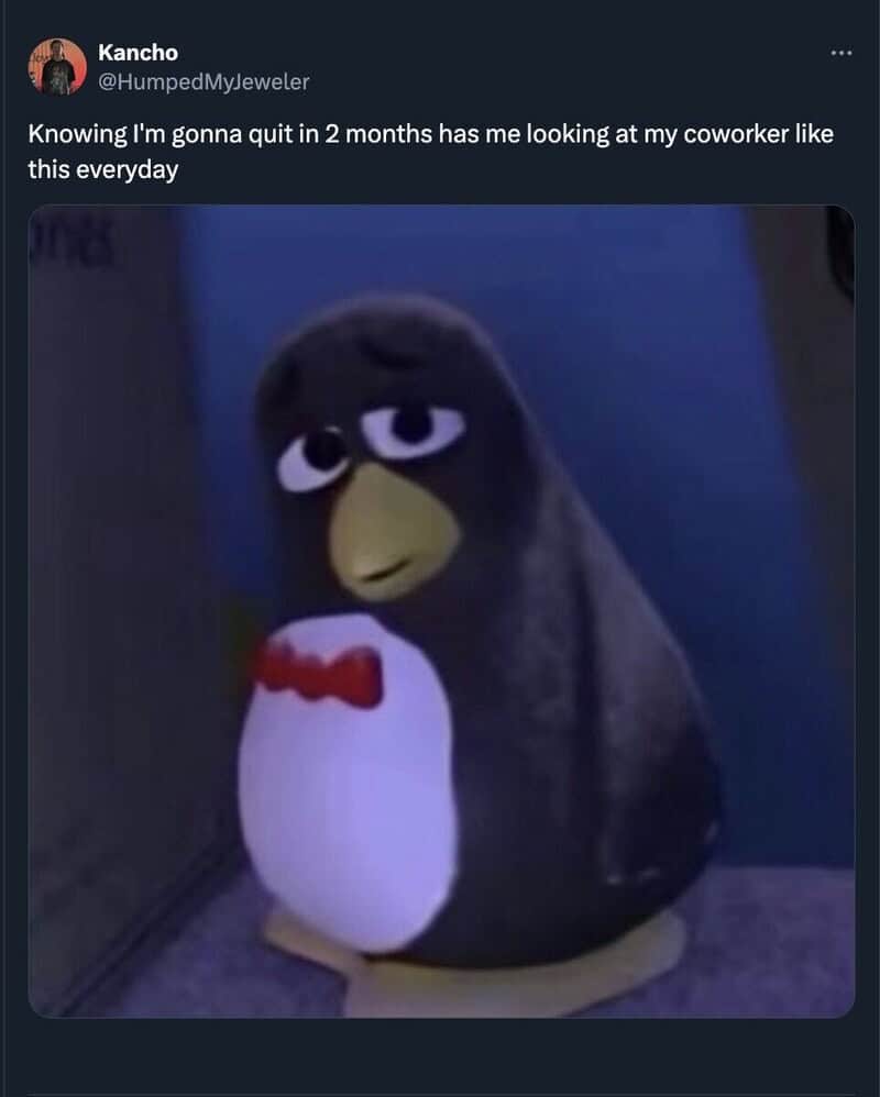 Penguin plush toy with a red bow tie looking sad or tired.