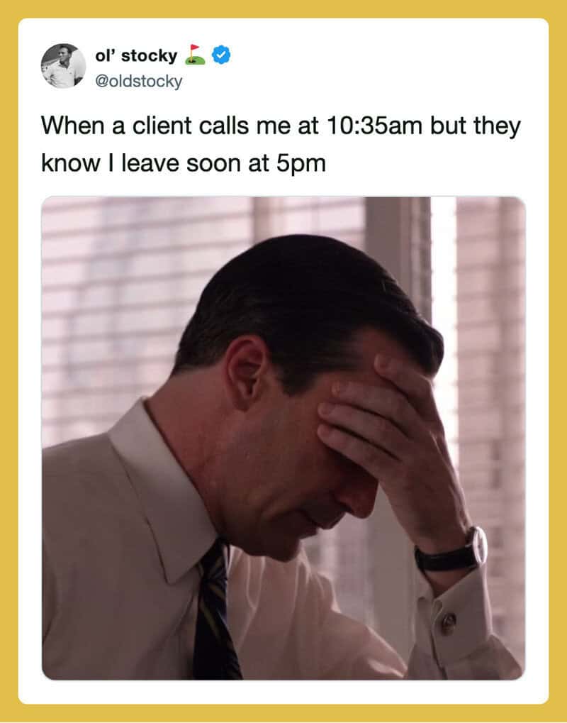 Man with hand on forehead, stressed, work tweets meme.