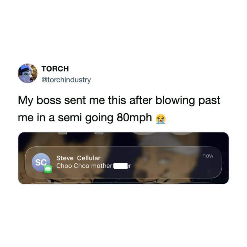 Screenshot of a message from Steve Cellular saying 'Choo Choo mother' after a semi at 80mph.